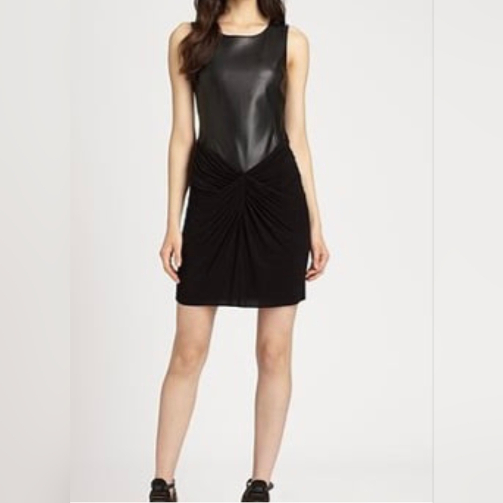 Bailey 44 Dress Black Mini Faux Leather Detail Draped Sleeveless Zip Bac…